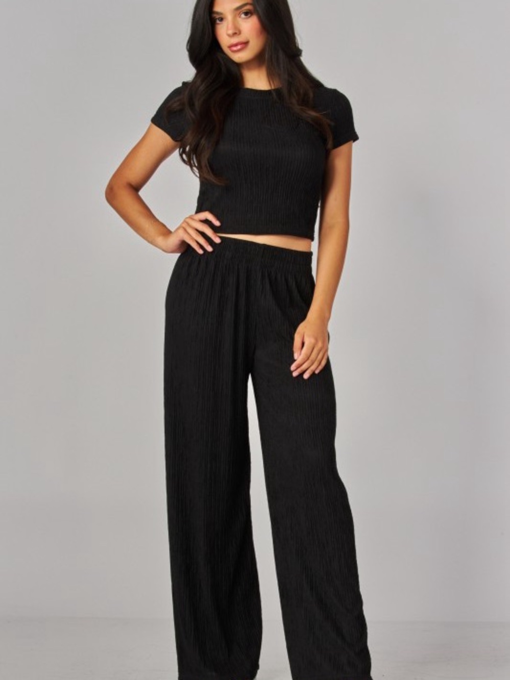Plush Ribbed Black Wide-Leg Pant - Women